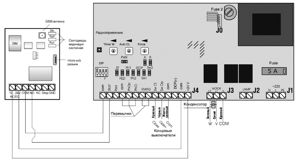Схема подключения GSM-модуля к плате управления PCB-SL